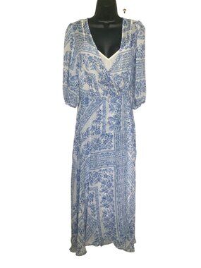 Calvin Klein Womens Blue & White Floral Wrap Midi Dress Size 14 Polyester Lightw